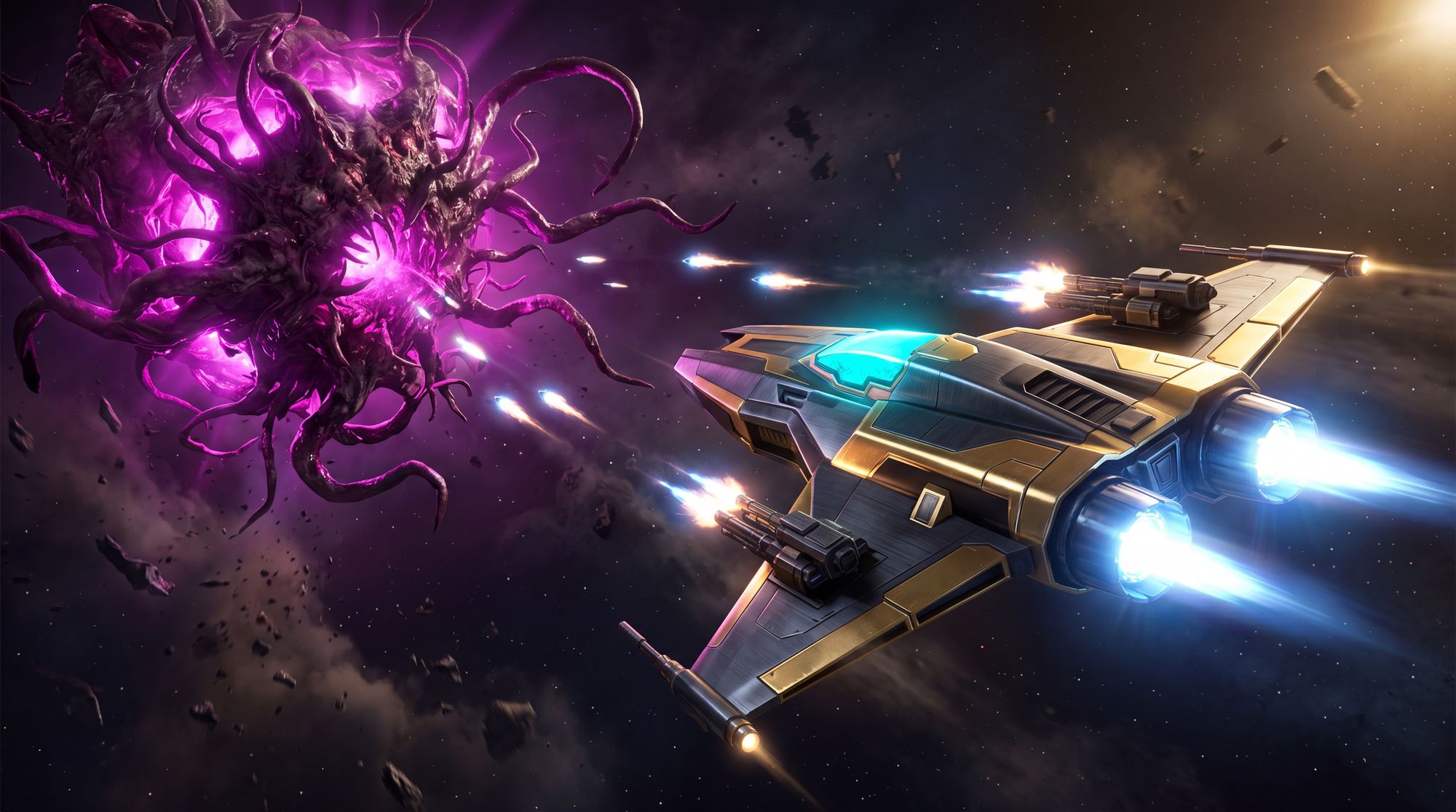 A gold-and-steel gunship banking away from a violet mass of Blight growth spilling out of a dead warp-lane