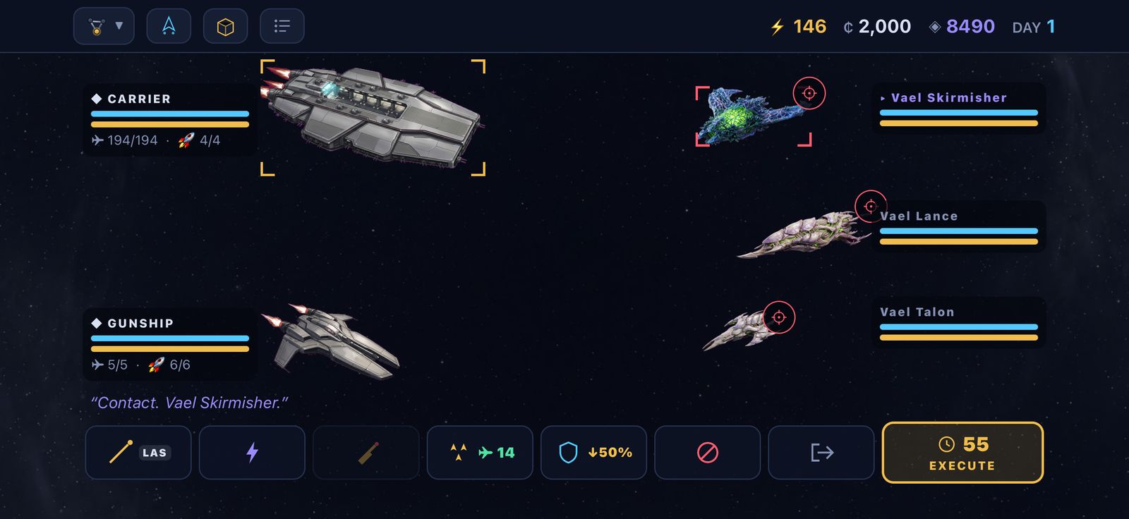 A combat round: a carrier and a gunship facing three Vael hulls, with the action bar along the bottom