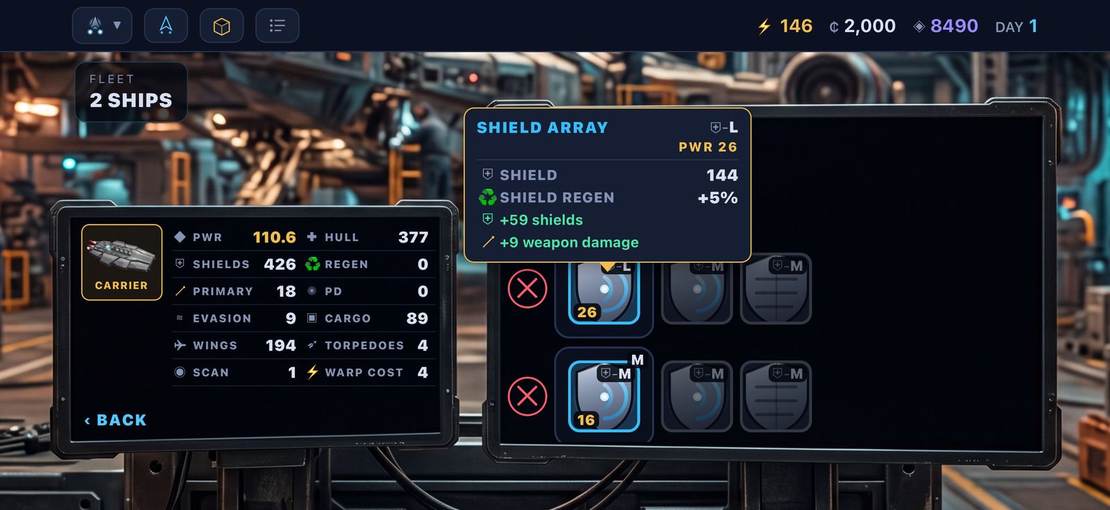 The fitting bench in a hangar: a carrier's stat sheet beside its component mounts, with a shield array tooltip open