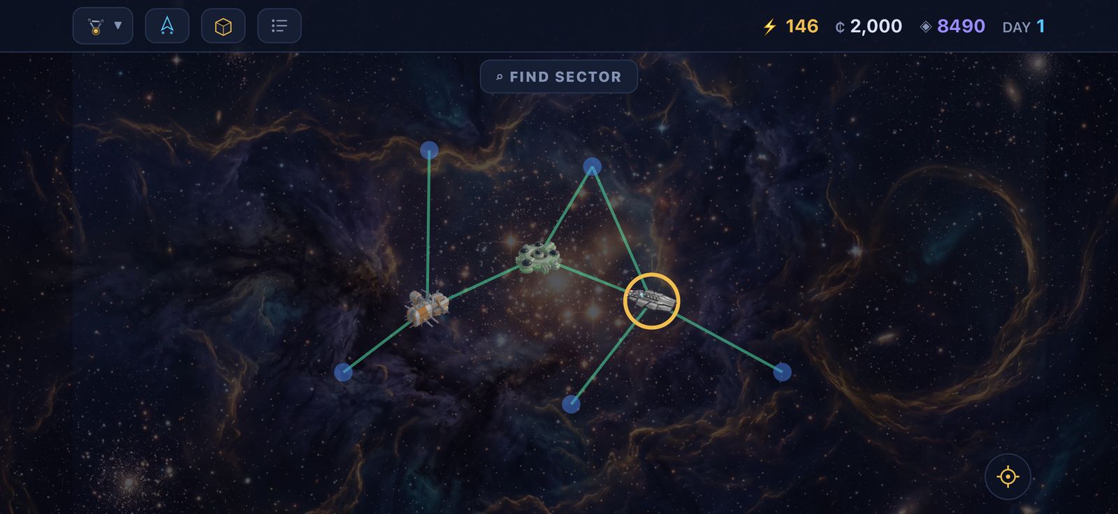 The galaxy chart: a handful of charted systems joined by lane lines over a nebula, with the player's sector highlighted