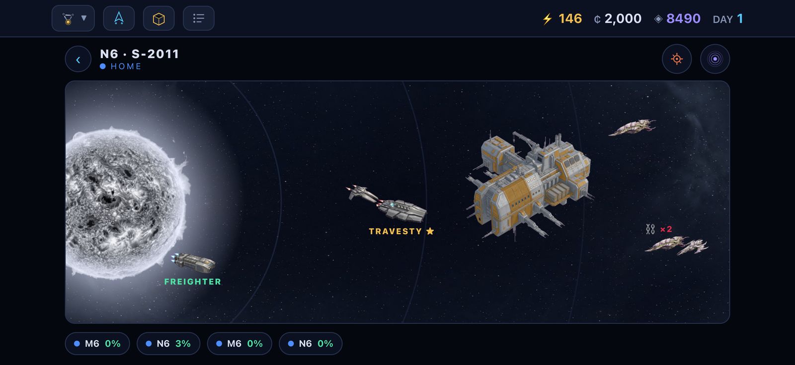 A home-zone system view: a white star, the player's freighter, a station and two NPC ships, with lane churn readouts along the bottom